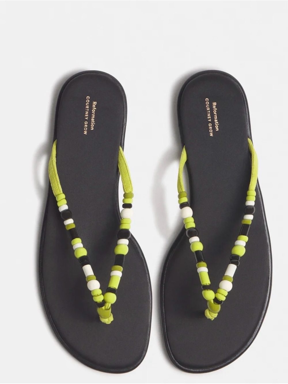 Reformation Courtney Grow Geffen Sandal - Beaded Black & Lime Flip Flop Sandals